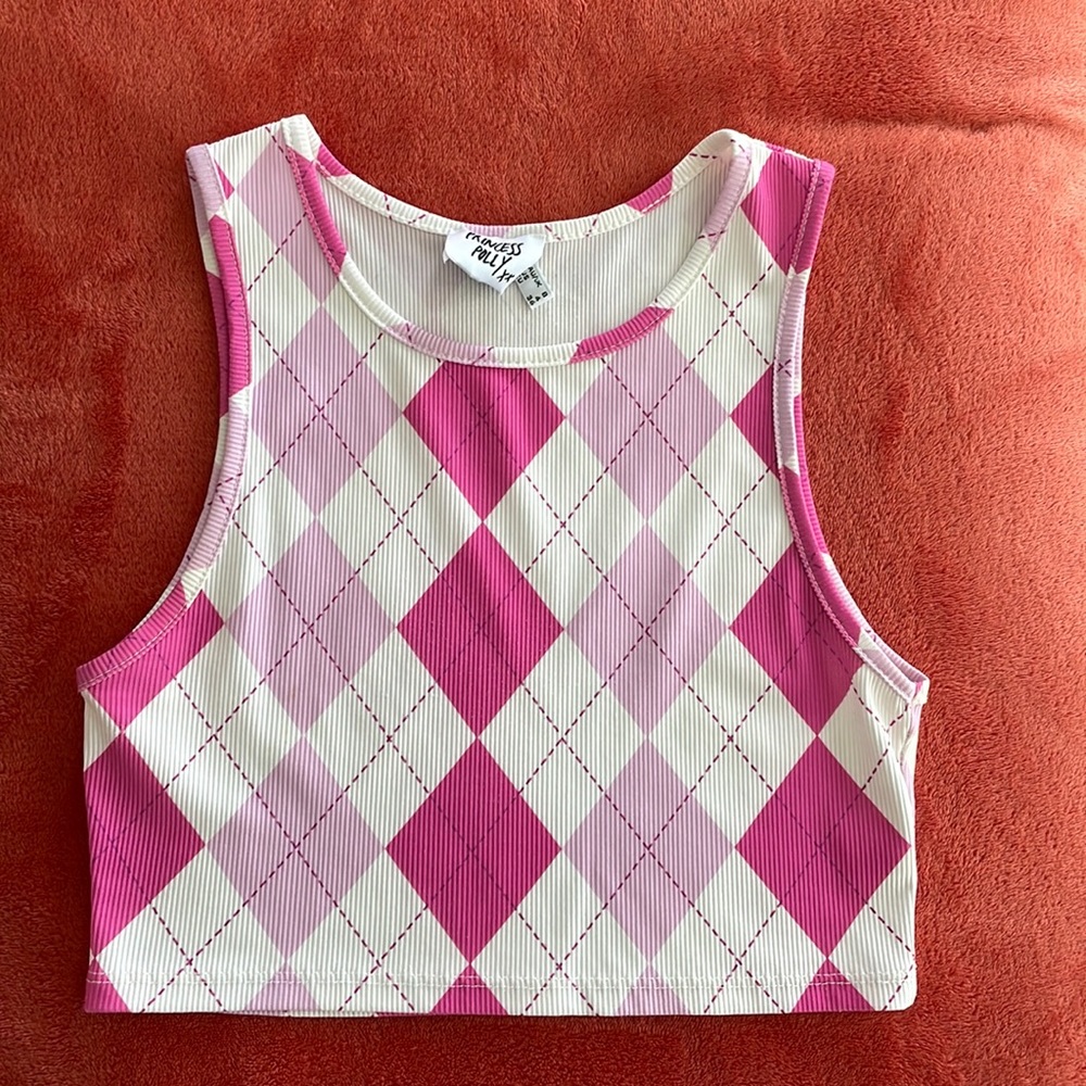 Princess Polly Pink Purple and White Triangular Design Sleeveless Crop Tank Top